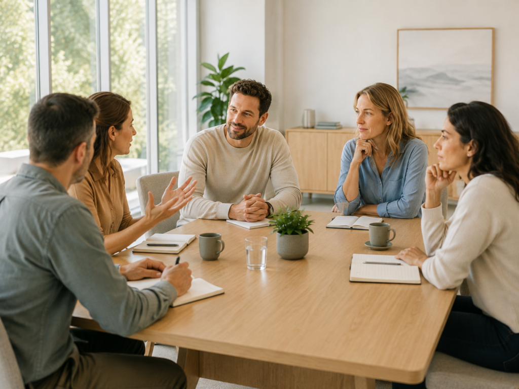 Fünf Personen im Gespräch an einem Besprechungstisch
